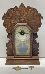 Wm L Gilbert Navy No 24 Brown Ornate Wood Mechanical Wind Up Mantel Clock
