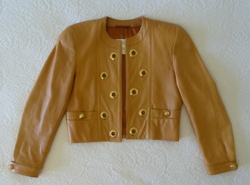 ESCADA Margaretha Ley Vtg 80s Camel Leather Mod Big Grommets Logo Crop Jacket 36 - Bild 4 von 23