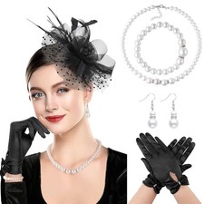 5 Pcs Set: Fascinator  Gloves  Necklace  Bracelet  Earrings Black 