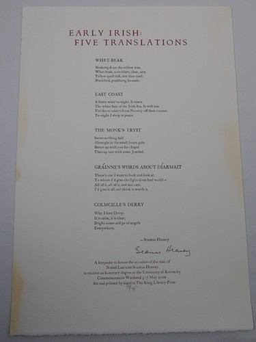 2006 Seamus Heaney Signed Poems 58/75 Early Irish: Five Translations - Laureate