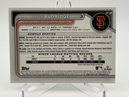 2024 Bowman Bryce Eldridge Sky Blue /499 #BP-134 San Francisco Giants - Picture 2 of 3