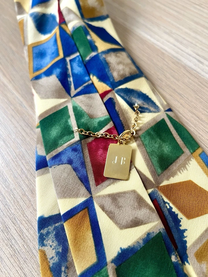 Men's Silk Tie Geometric Multicolor Metallic Watercolour NeckTie W Gold Plate - Imagem 2 de 4