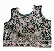 Gold Embroidered Choli Blouse Mirrored Sequin Rhinestones Dark Green Sleeveless