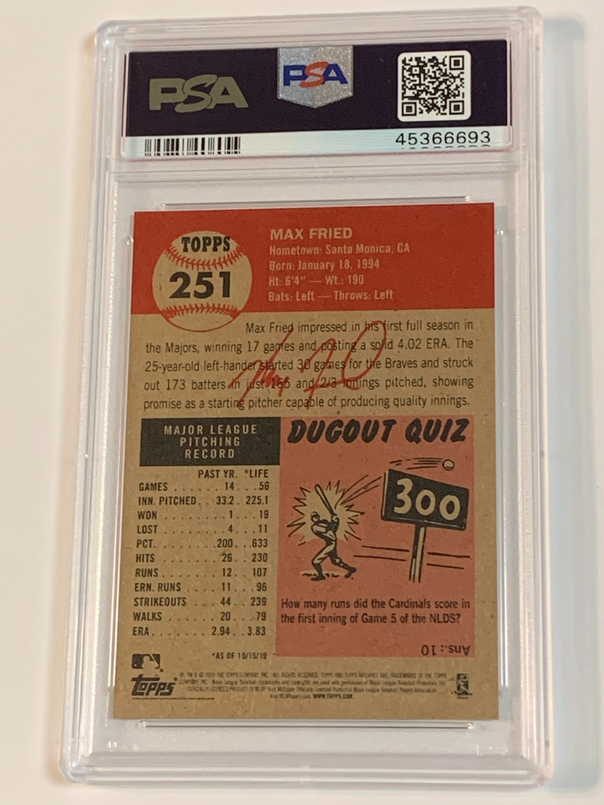 2019 Topps Living #251 Max Fried - PSA 10 (Gem MT) view 2