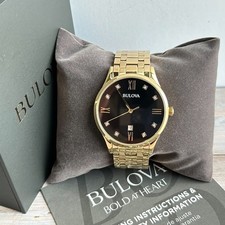 Bulova 97D108 Classic Diamond Black Dial Gold-Tone Men's Quartz Watch 40mm New