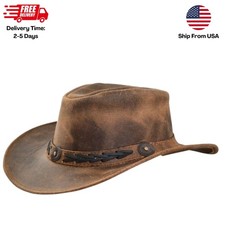 Distressed Brown Leather Cowboy Hat Western Outback Wide Brim Unisex Vintage