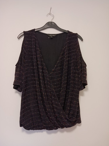 New Look Partywear Cold Shoulder Sparkle Mock Wrap Stretchy Black Top Size 12 - Picture 1 of 13