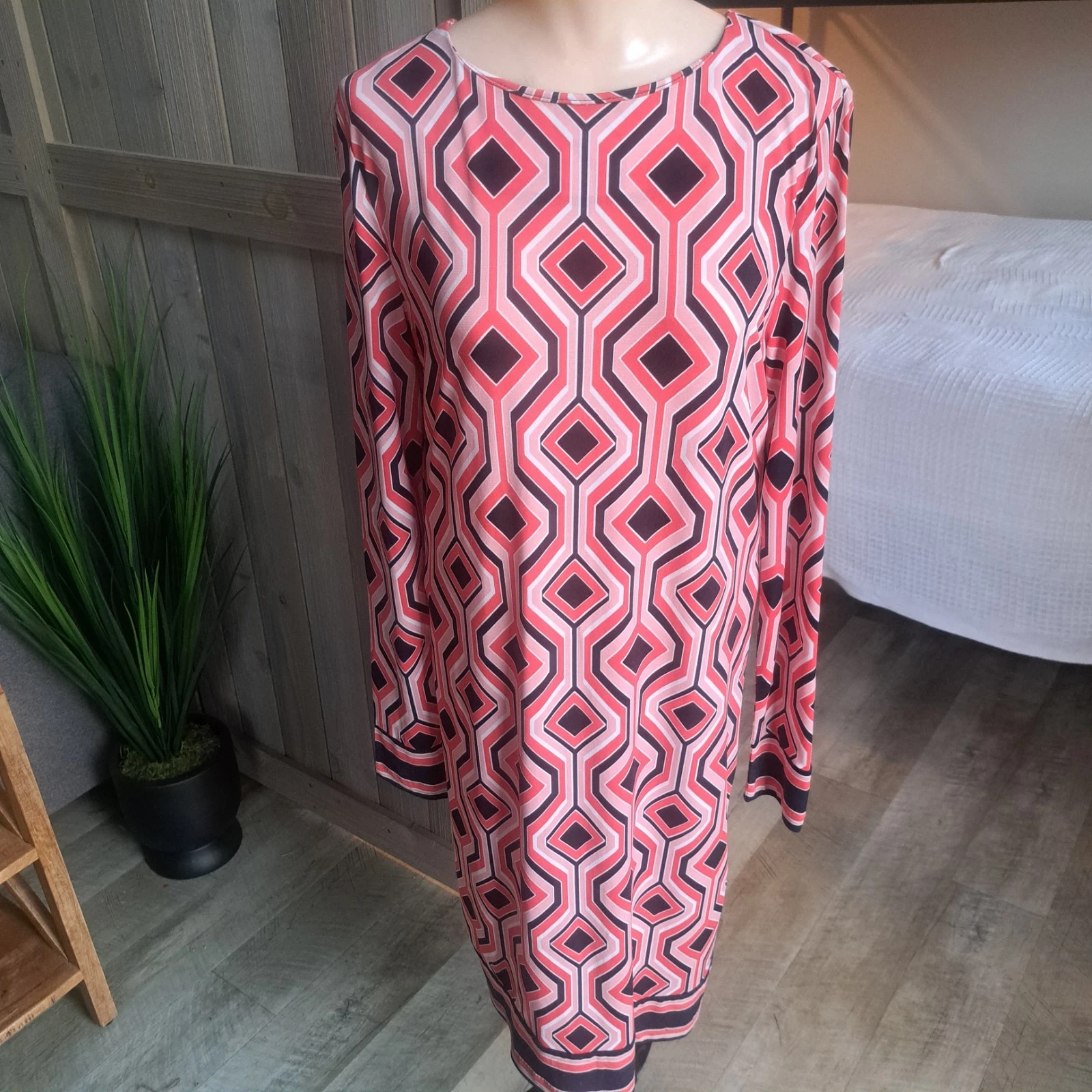 Abito tubino MICHAEL KORS piccolo rosa geometrico manica lunga jersey ispirato agli anni 70