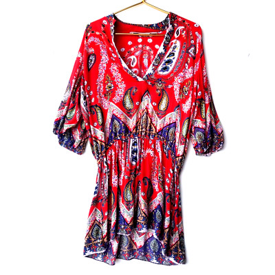 Bamboo Traders Womens Tunic Top  Red Floral Short Sleeve Hi Lo Hem Size Medium