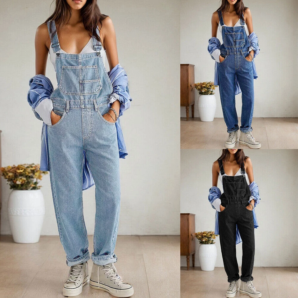 Damen Latz Jeans Denim Jumpsuit Trägerhose Overalls Freizeit Latzhose Jeanshose - Bild 3 von 4