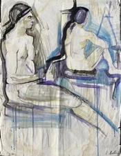 Russian Artist Alexandre Arkadevich Labas W/C. Two Seated Figures Signed 1964