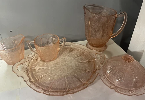 JEANNETTE GLASS CHERRY BLOSSOM  WATER PITCHER Tray, Cream Sugar Butter Dish Pink