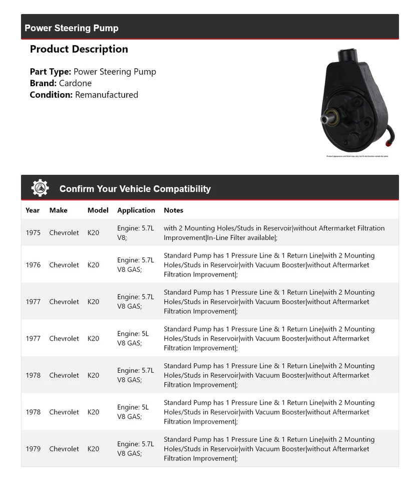 For 1975-1979 Chevrolet K20 Power Steering Pump Cardone 1976 1977 1978 - Image 2 of 4