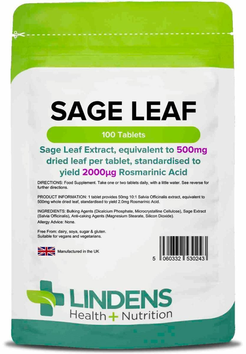 **Lindens SAGE Leaf 500mg 100 Tablets , MENOPAUSE Health, Hot Sweats Flushes**