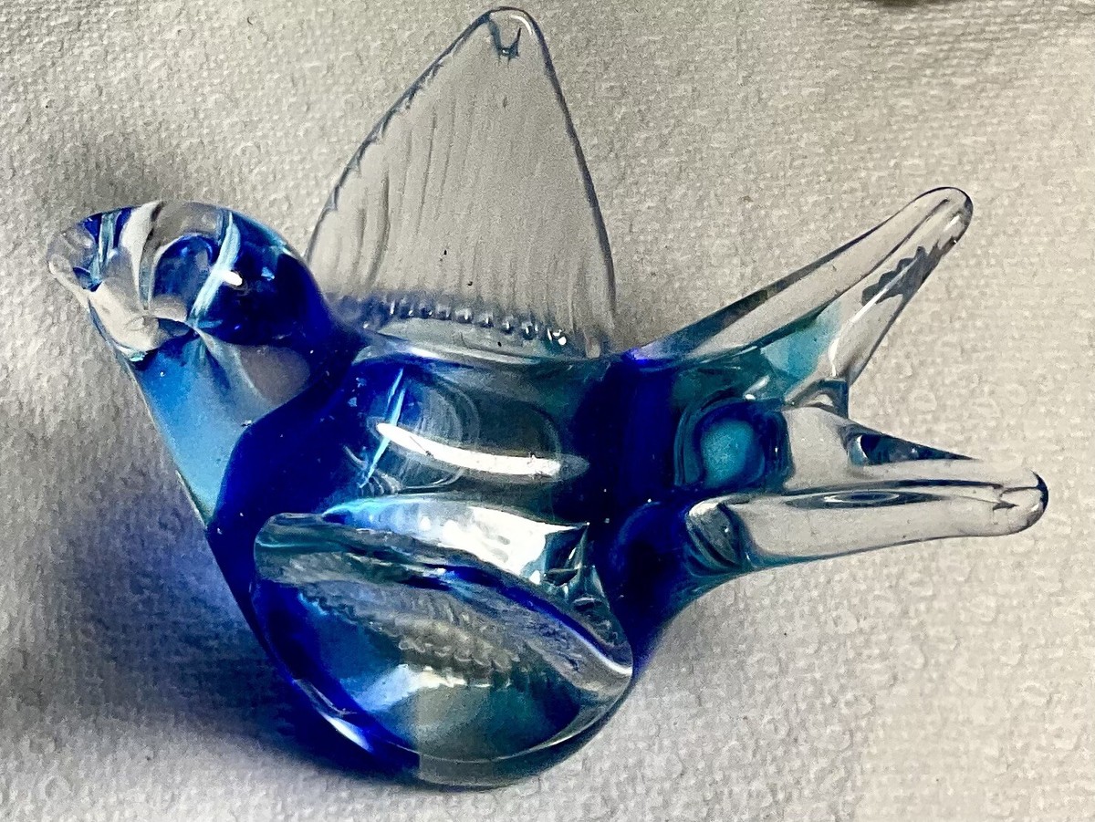 Vintage Murano Style Art Glass Bird Clear and Blue With Open