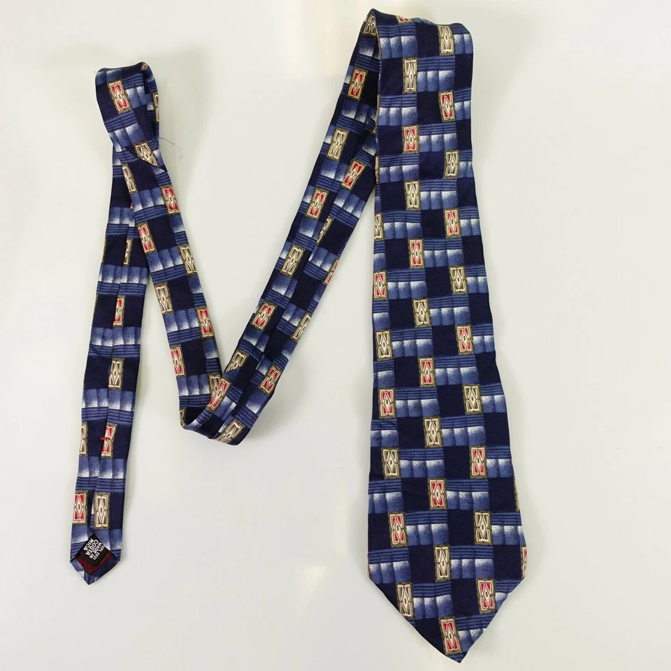 Traje de Vestido Geo Block Corbata Para Hombres Azul Art Deco Oliva Ancho Seda HENRY GRETHEL Italia Foto 3 de 4