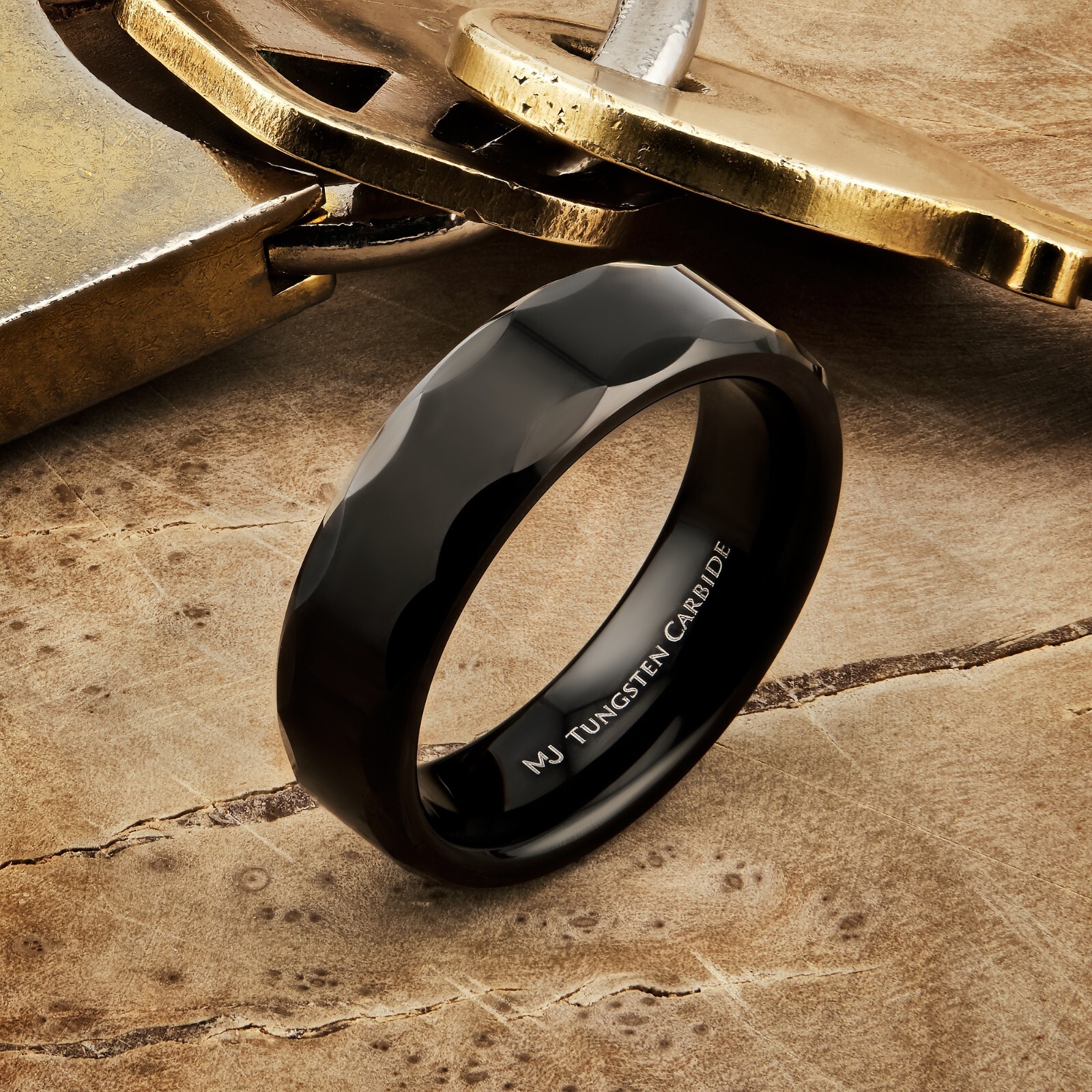 Tungsten Carbide 6mm Geometric Multi Faceted Band Black Plated Finish Ring-image