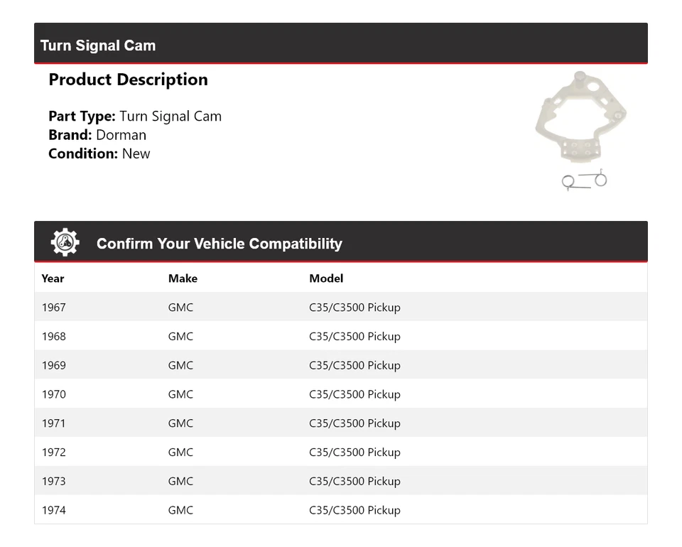 Para 1967-1974 GMC C35/C3500 Pickup Dorman Turn Signal Cam 1968 1969 1970 1971 - Imagem 2 de 4