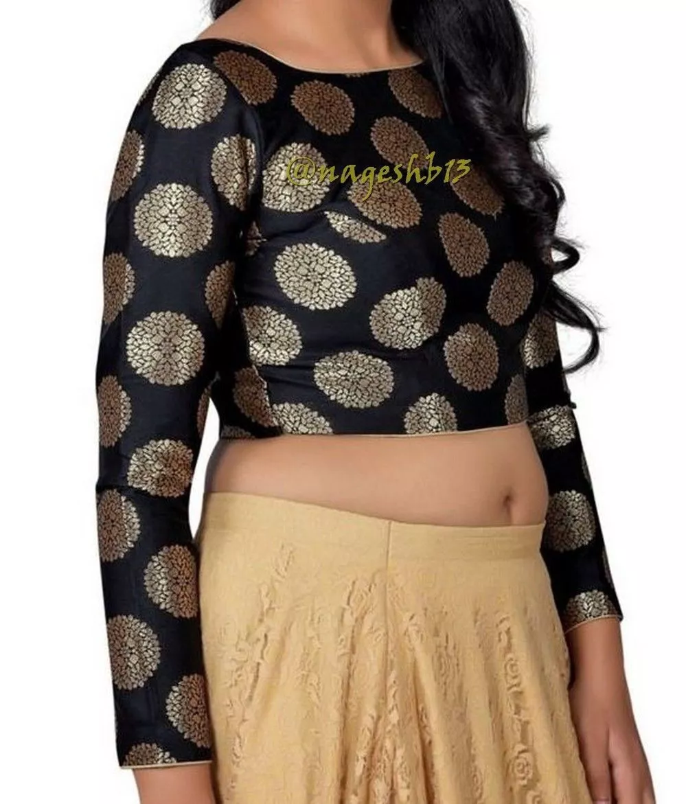 Designer Sari Blouse,Boat Neck Padded Black Saree Blouse with Long Sleeves.Top