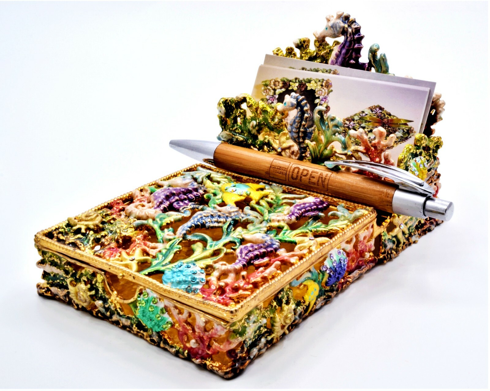 Handcrafted Sea Life Design Desk Card Holder with Pen Pad-image