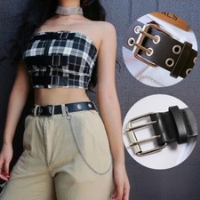Women Men Punk Leather Belt Rivet Eyelet Stud Double Grommet Holes Buckle Chain