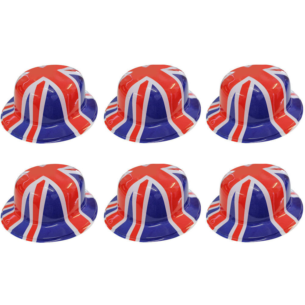 Adults Union Jack Plastic Bowler Hat Pack Fancy Dress Costume Coronation
