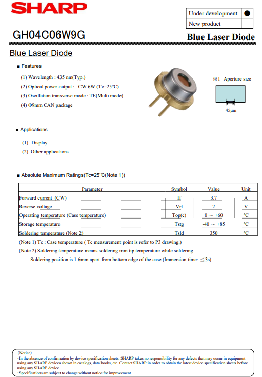 1pcs Sharp GH04C06W9G 435nm Optical power output : CW 6W Laser Diode ...