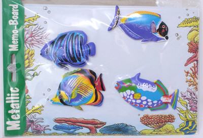 Vintage Puffy Vinyl Tropical Fish Fridge Magnets w Memo Board Set 1980s Kitchen