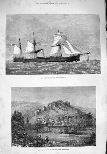 Original Old Antique Print 1876 War Stolatz Herzegovina Portuguease Vasco Ship