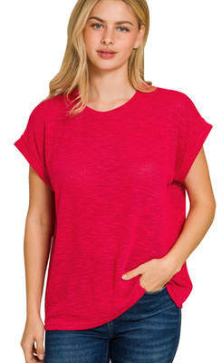 ZENANA HACCI SLUB ROLLED UP SLEEVE TEE - NEW - Size Large