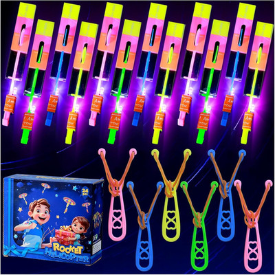 24 Sets LED Flying Set, 24 Slingshot+24 Glow Helicopter-48 Pcs, Flying Toy Outdo