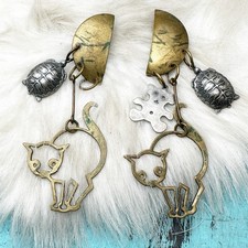 Vintage 1996 Susan L Richardson Cat Bear Turtle Silver Brass Earrings 3" Pierced