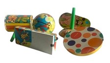 Vintage Metal Tin Lithograph Noise Makers Set USA Colorful Designs