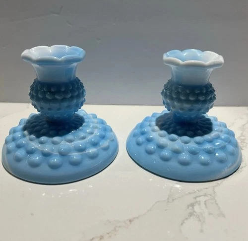 Pair Vintage Fenton BLUE Milk Glass Hobnail Candlestick Candle Holder