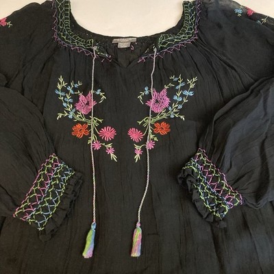 Notations Womens 3X 24W Black Gauze Embroidered Blouse Top Floral Boho Peasant