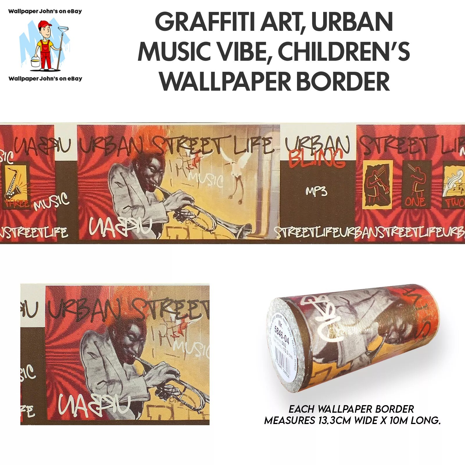 Graffiti Art, Urban Music Vibe, Children's Wallpaper Border (13.3cm x 10m)