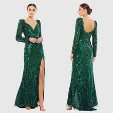 Mac Duggal High Slit Sequin Sweetheart Long Sleeve Gown Emerald 5379 NWT size 10