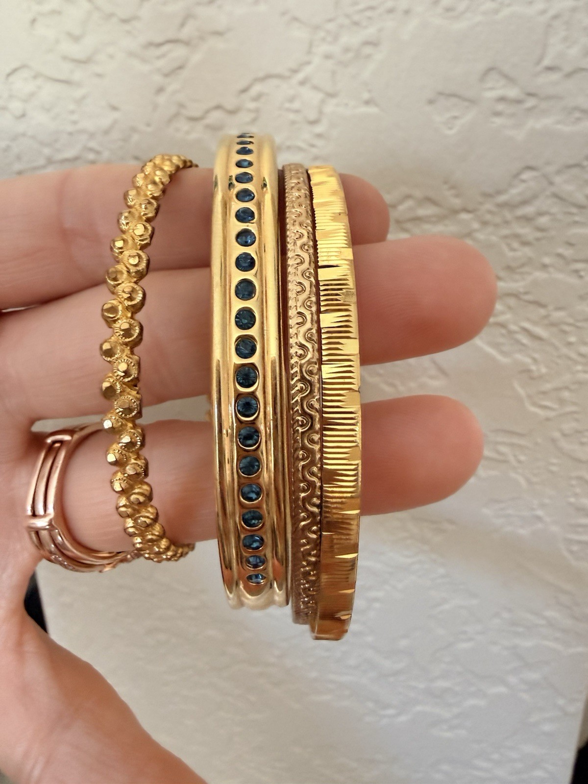 Gold Tone Stackable Bangle Bracelet Set Hinged Fa… - image 1