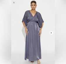 NWT FASHION NOVA DOLMAN SLEEVE SATIN MAXI DRESS CHARCOAL GREY FLOWY DRESS
