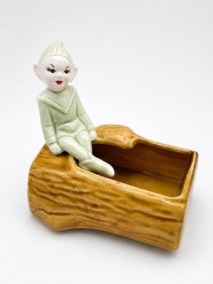 Vintage 1953 Pixie Elf on Log Planter Trinket Dish MCM Hobby Piece Sweet Face
