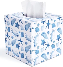 Acrylic Square Tissue Box Cover,Beach White Starfish Seashell Coastal Decorative