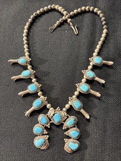 Navajo Sterling Silver Blue Turquoise 19” Squash Blossom Necklace 81.8g Unsigned