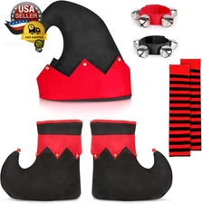 7Pcs Christmas Elf Costume Accessories Elf Hat Shoes Socks Wristbands Christmas 