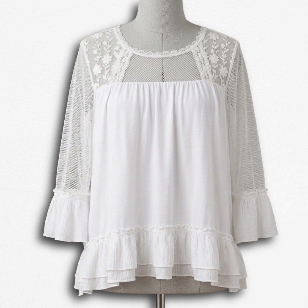 FLAWED POL Womens White Lace Mesh Bell Sleeve Boho Ruffle Hem Blouse Top Small