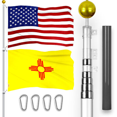 25 Ft Telescoping Flagpole Silver & American and New Mexico Flags Emb 300D 3x5Ft