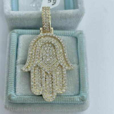 3Ct Round Cut VVS1D Diamond Hamsa Pendant 14K Yellow Gold Finish 18'' Free Chain