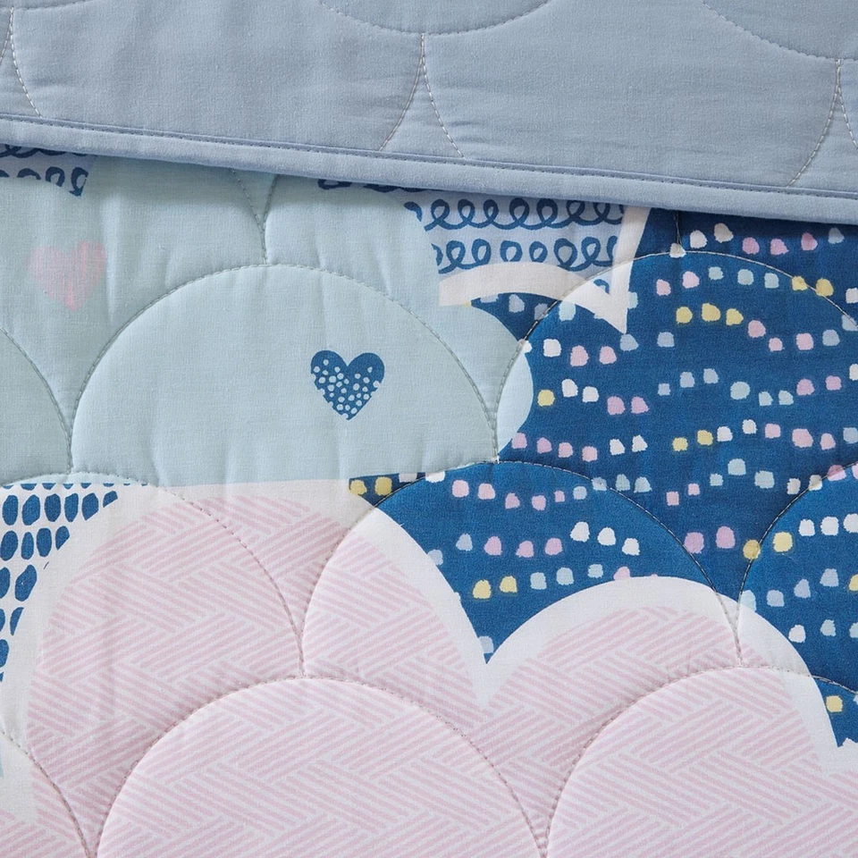 BLUE CLOUDS 4pc Twin QUILT SET : DREAM PINK HEARTS UNICORN COTTON GIRLS COVERLET - Image 4 of 4