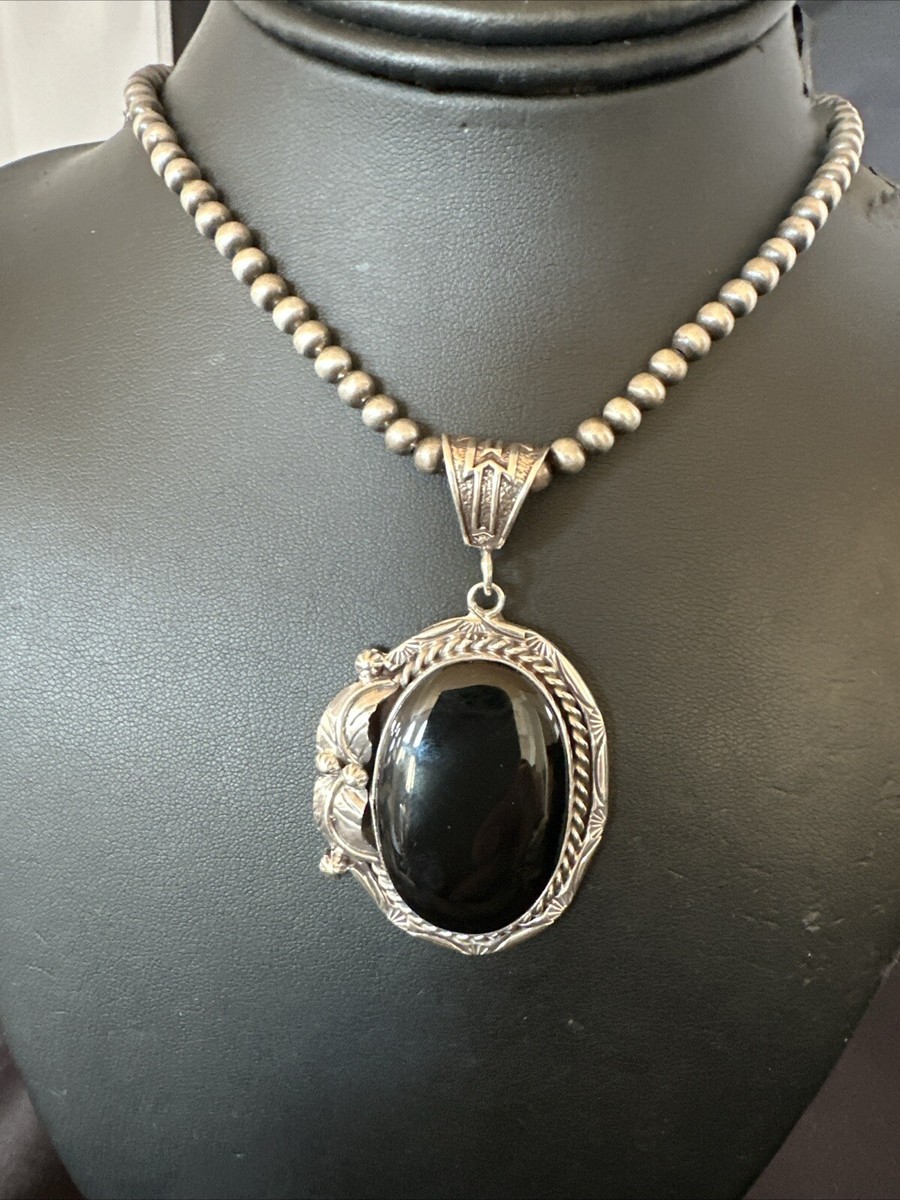 Mens Womens Black Onyx Pendant Navajo Sterling Silver Beads