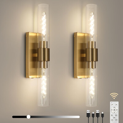 Two Brass Battery Operated Wall Sconces, Gold Wall Lamp with remote timer, 1958