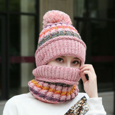 3PCS Women Beanie Cap Knitted Braided Hat Set Casual Warm with